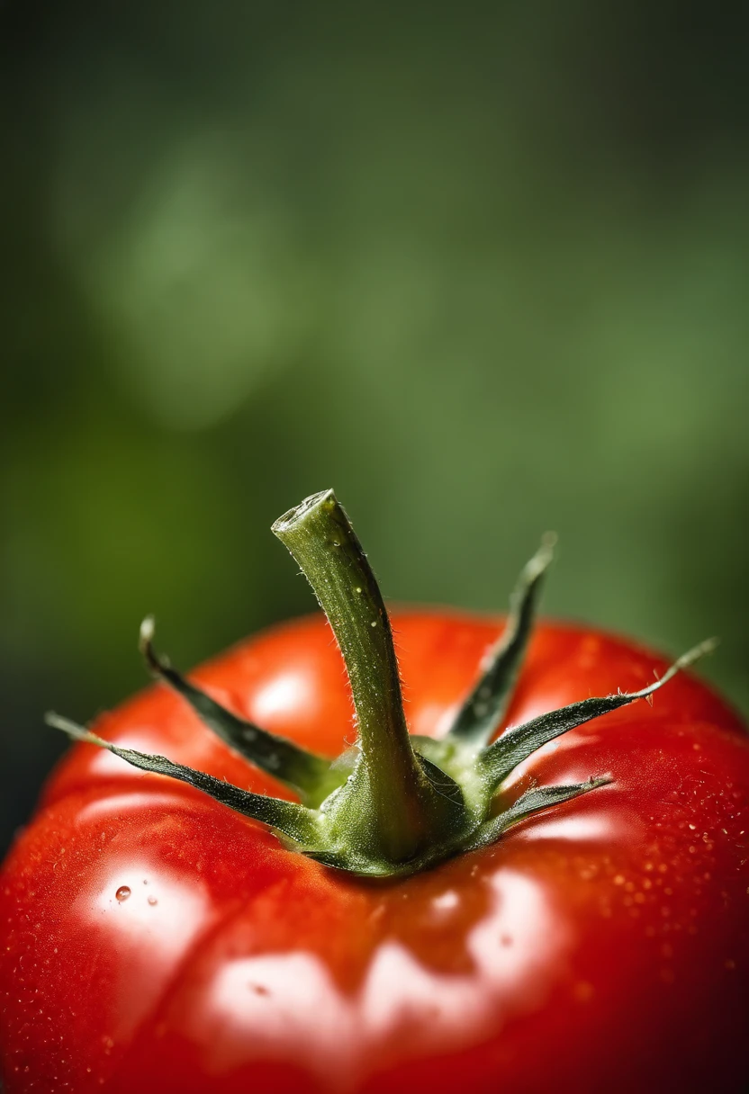 a close-up shot of a ripe tomato, showcasing its vibrant red color, glossy skin, and the tiny droplets of water on its surface