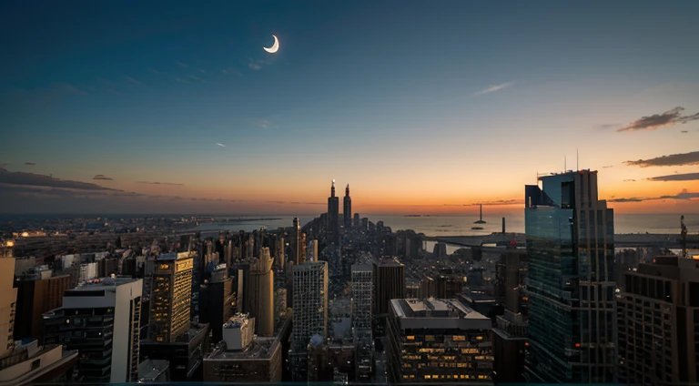 morning,big city,There is the sea,The crescent moon and the rising sun appear,empty of people,beautifully lit,Many tall buildings,Give a close-up of a building