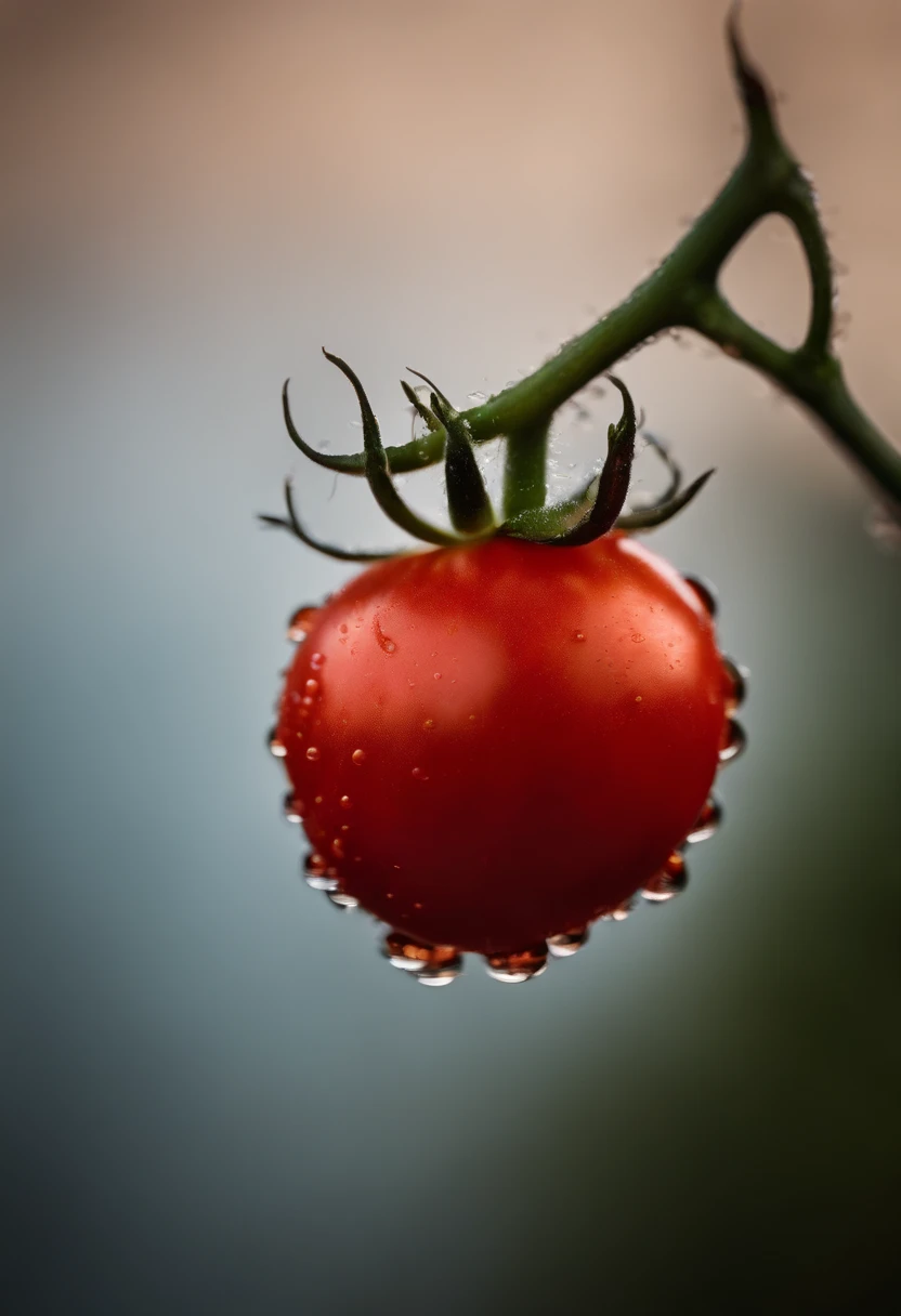 a close-up shot of a ripe tomato, showcasing its vibrant red color, glossy skin, and the tiny droplets of water on its surface
