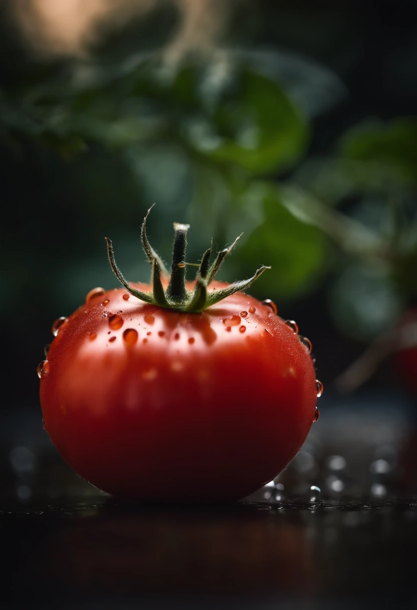 a close-up shot of a ripe tomato, showcasing its vibrant red color, glossy skin, and the tiny droplets of water on its surface