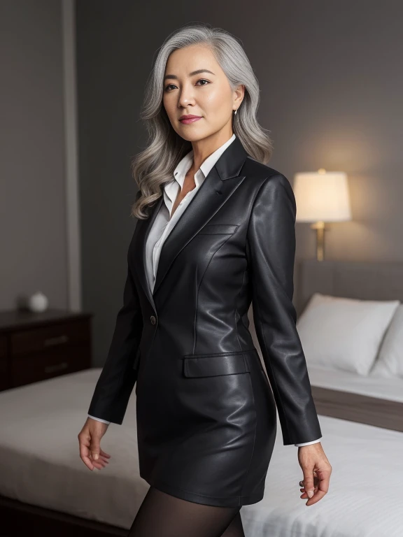 an beautiful,
(((tmasterpiece))), ((Best quality)), ((intricately details)), ((hyper realisitc)), Ridiculous resources, 摩洛解放阵线, Mature woman, (),Perspectives, The content is very detailed, lamplight, Perfect hands, detailed finger, 美丽细致lewd eyes, Long gray hair, 棕色lewd eyes, CEO, (Professional Dress:1.2), Blazer in similar color scheme,Paired with thin lapel dress,Black leather pantyhose,Pink collar, ear nipple ring, livestock, detailedbackground, Bedrooms, 完美lewd eyes, lewd eyes, looking at viewert, seen from the side