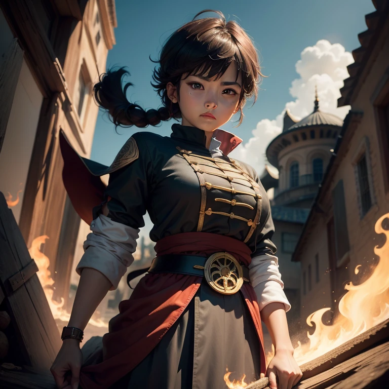 Jovencita, guerrera, soldado imperio chino, espada, escudo, casco de guerrero medieval, pose de combate, cabello corto, pecho grande, mirada .
