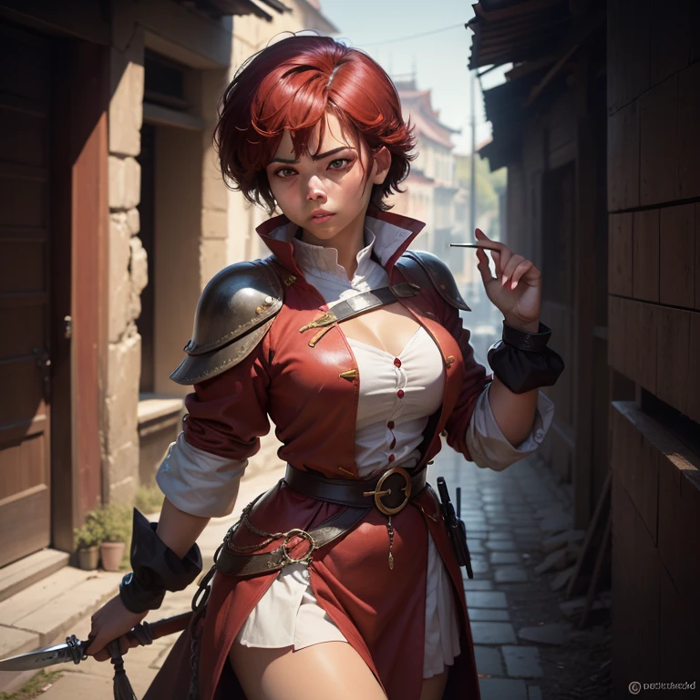 Jovencita, guerrera, soldado imperio chino, espada, escudo, casco de guerrero medieval, pose de combate, cabello corto, pecho grande, mirada .