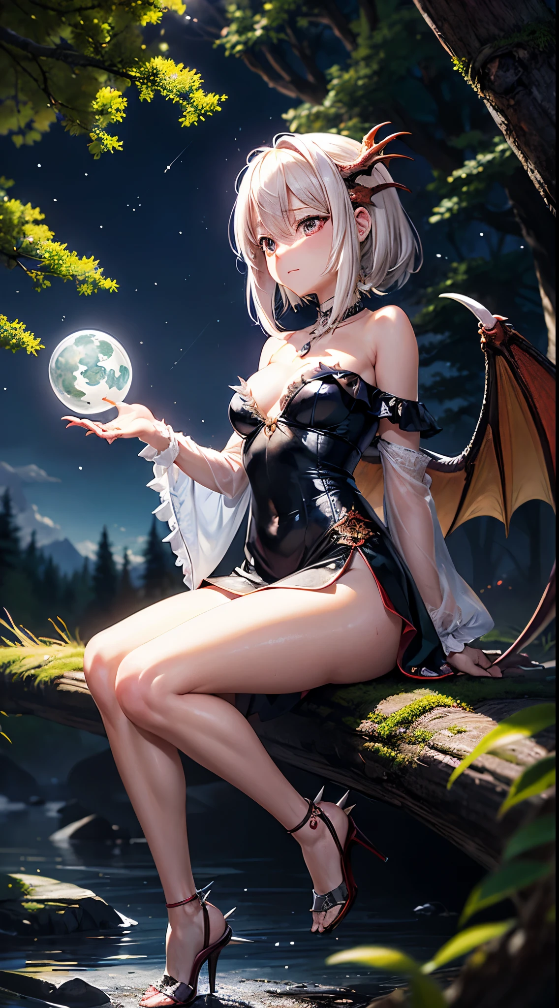 (masutepiece, Best Quality:1.2), 1girl in, Solo, kawaii系, kawaii, Digital Art, Magic Circle, Platinum Blonde Hair, finely detailed eyes, Embarrassed expression, Sweat, frilly dress, Pink color scheme, high-heels, White Gloves, Heart-shaped necklace, tiarra, Wield a wand, 神dragon, forest, Fire Breath, Wings, scales, sharp claws, Spiky tail, Trees, mosses, Moonlight passing through the leaves, leaves falling, Soto, boulders, River, Bridge, Night clouds, Starry sky, Windy, Rustling leaves,The dragon,dragon,