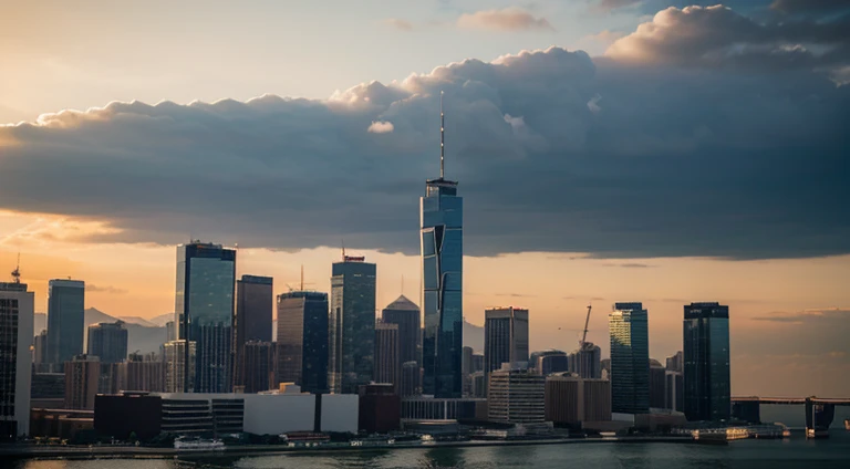 morning,big city,There is the sea,The rising sun appears,empty of people,beautifully lit,Many tall buildings,Give a close-up of a building