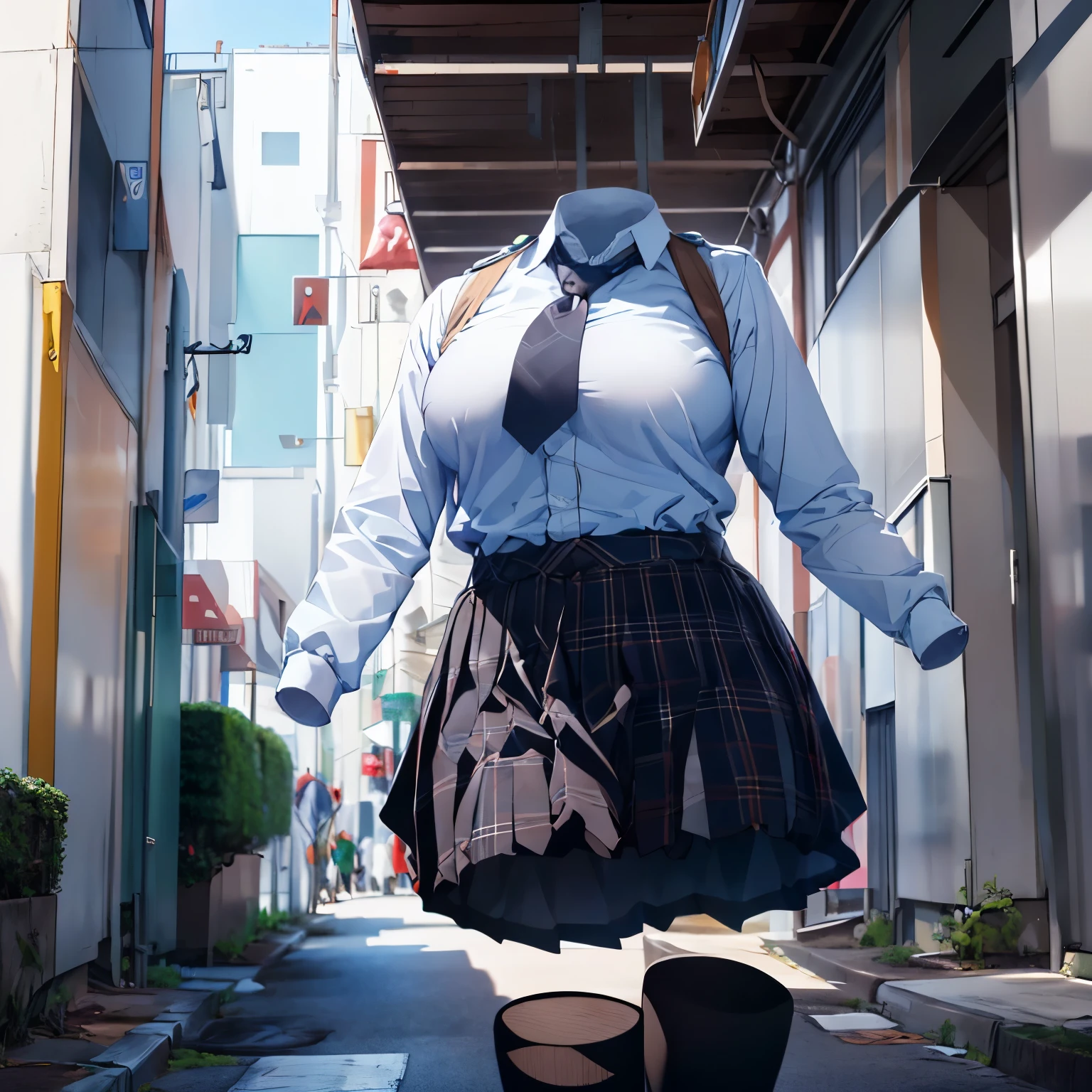 absurdres, highres, ultra detailed, school uniform, stripe tie, plaid skirt, cute big breasts, (invisible, no human, headless, handless:1.5), chubby, from below, cute pose