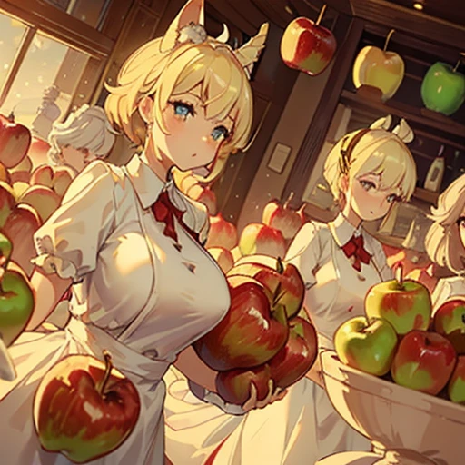 A pastry chef covered in apple parfait serving a large apple、Amazing dynamism、Amazing Angle、An apple sandstorm with unstable buoyancy scattering、((Many friendly large apples float closely together and chase each other.))、((surround each other'big apple))