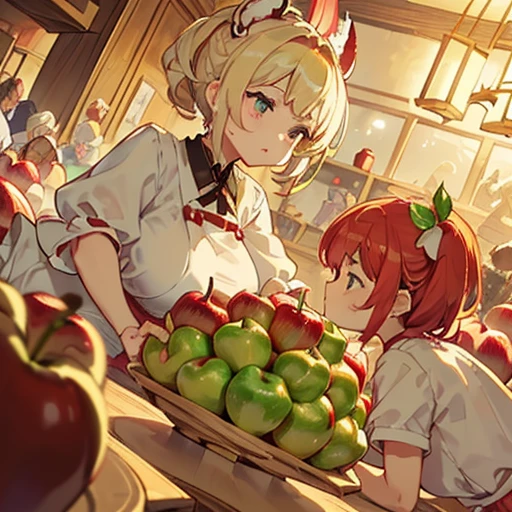 A pastry chef covered in apple parfait serving a large apple、Amazing dynamism、Amazing Angle、An apple sandstorm with unstable buoyancy scattering、((Many friendly large apples float closely together and chase each other.))、((surround each other'big apple))