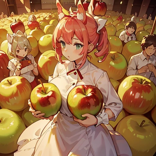 A pastry chef covered in apple parfait serving a large apple、Amazing dynamism、Amazing Angle、An apple sandstorm with unstable buoyancy scattering、((Many friendly large apples float closely together and chase each other.))、((surround each other&#39;big apple))