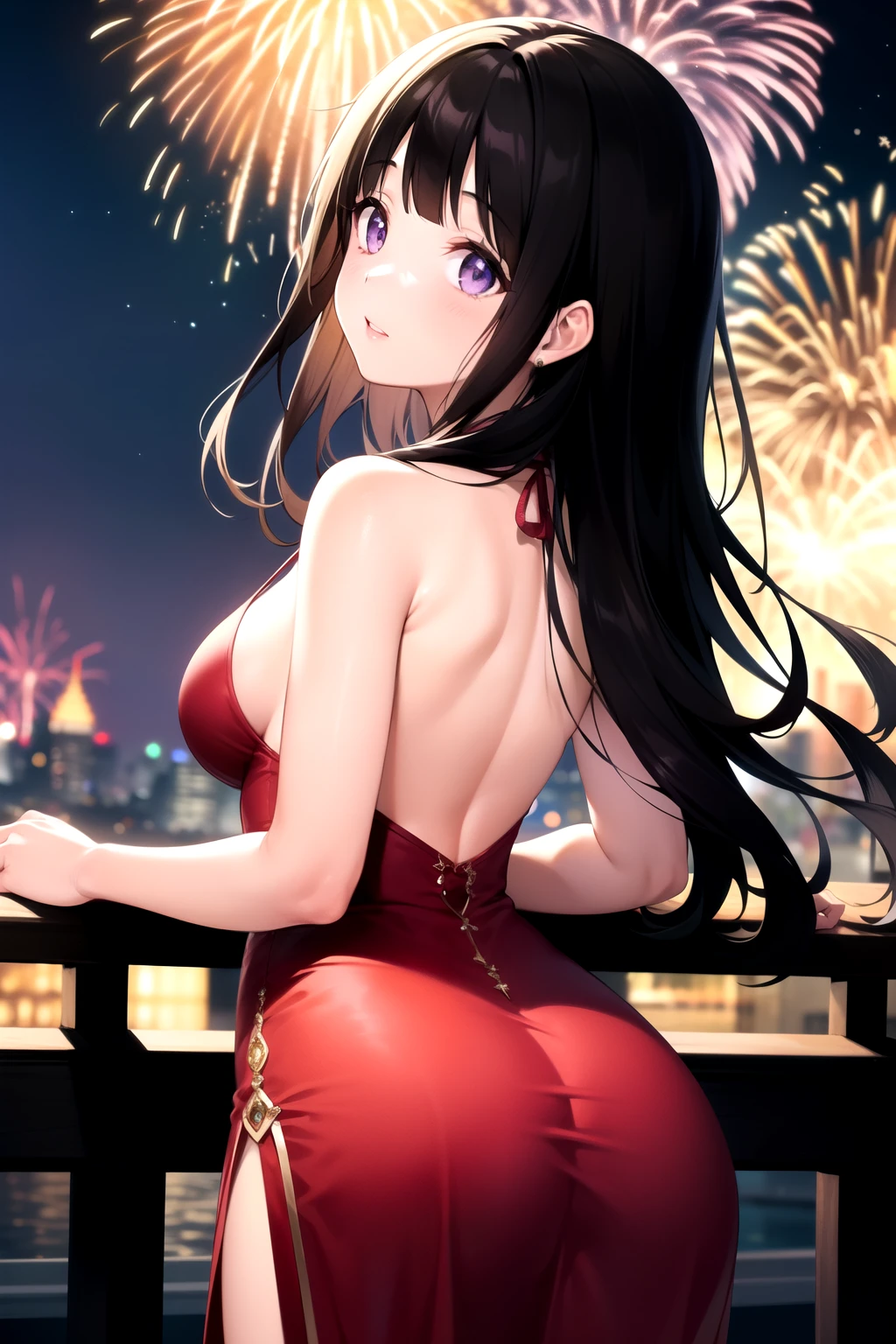 (A superb exquisite Chitanda Eru), (mature face), purple eyes, long black hair, natural straight hair, straight bangs, solo, [Small_breasts: large_breasts: 0.5], normal breasts, ((view from behind)), (red dress, strass, fireworks), exremely delicate, peerless beautiful girl, dreamy quality, exaggerated facial features, solid color, delicate face, bright lips, slender waist, straight curves, soft lights and shadows, super fine, 8K HD, (masterpiece:1.4), (finely detailed beautiful eyes: 1.2)
