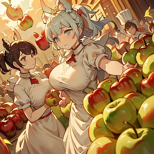 A pastry chef covered in apple parfait serving a large apple、Amazing dynamism、Amazing Angle、An apple sandstorm with unstable buoyancy scattering、((Many friendly large apples float closely together and chase each other.))、((surround each other&#39;big apple))