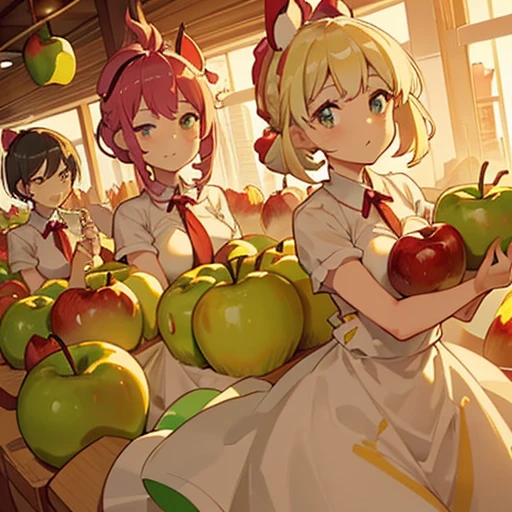 A pastry chef covered in apple parfait serving a large apple、Amazing dynamism、Amazing Angle、An apple sandstorm with unstable buoyancy scattering、((Many friendly large apples float closely together and chase each other.))、((surround each other&#39;big apple))