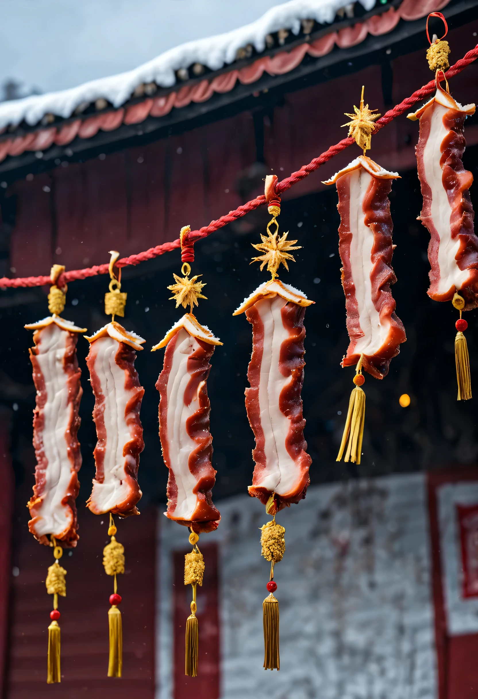 (Close-up of large pieces of Chinese Sichuan bacon hanging from a big red rope under the eaves），Northeast Snow Country Fireworks Festival Night,Red and gold are the main colors，white outdoor,The content is very detailed, Best quality at best, A high resolution, tmasterpiece, photographyrealism, 8K, Perspectives, rustic, S Kahn,