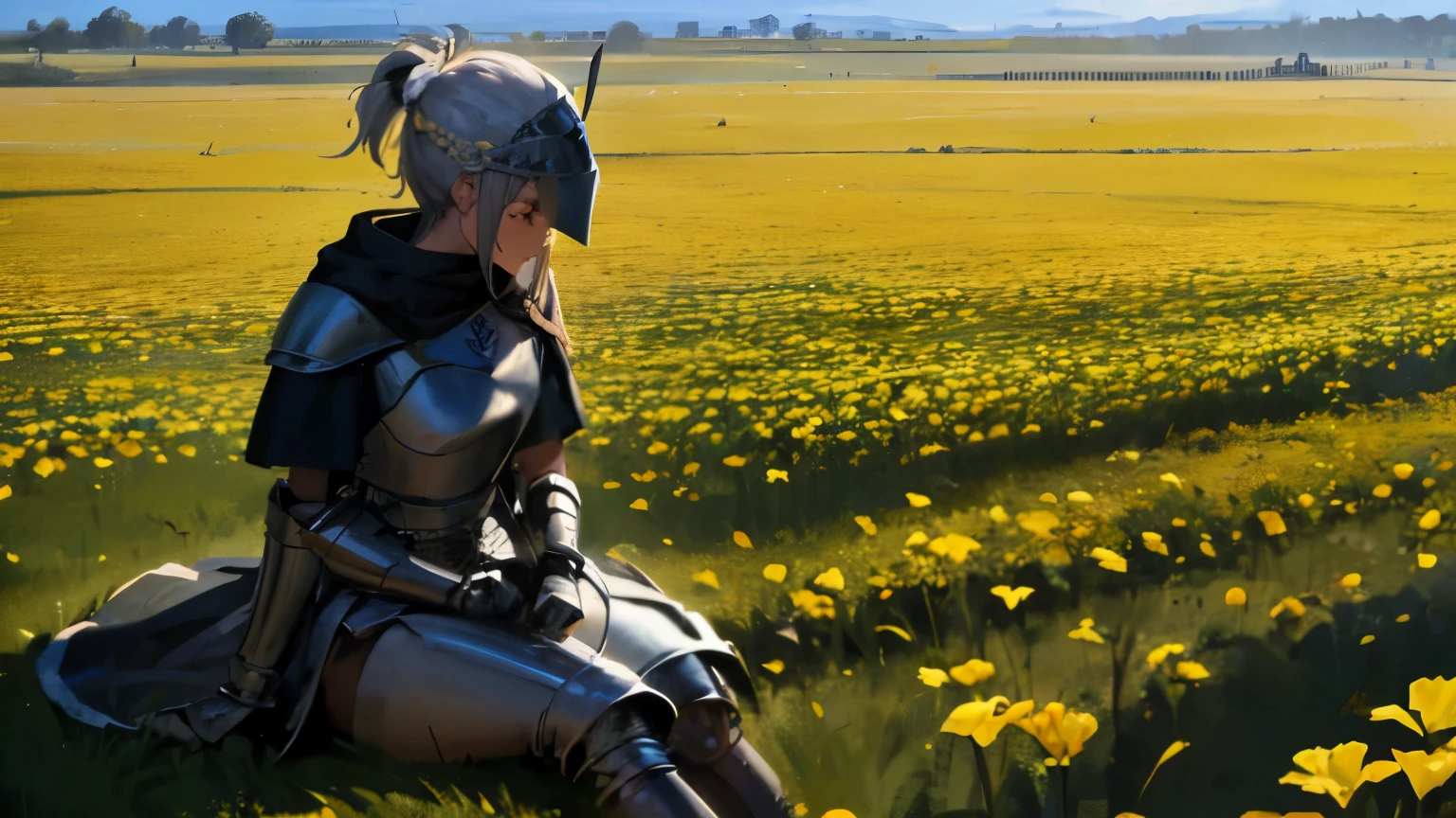 soldado com armadura medieval, sentado em um campo de flores amarelas, contemplando uma joia verde