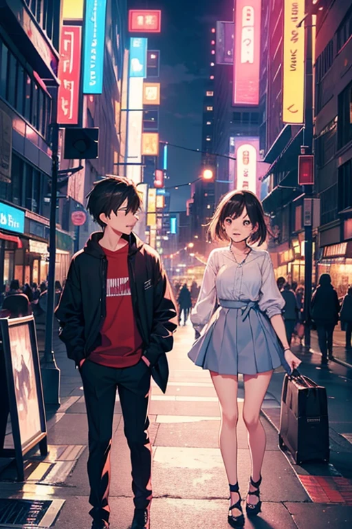 "Generate an image of a vibrant night cityscape as a background, with a focus on a teen boy and girl standing together. The city should be illuminated with colorful lights, capturing the dynamic energy of urban life. The boy and girl should be portrayed in a casual and relatable manner, reflecting a sense of friendship or romance. The atmosphere should convey the excitement and possibilities of a night in the city for two teenagers."