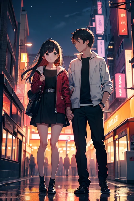 "Generate an image of a vibrant night cityscape as a background, with a focus on a teen boy and girl standing together. The city should be illuminated with colorful lights, capturing the dynamic energy of urban life. The boy and girl should be portrayed in a casual and relatable manner, reflecting a sense of friendship or romance. The atmosphere should convey the excitement and possibilities of a night in the city for two teenagers."