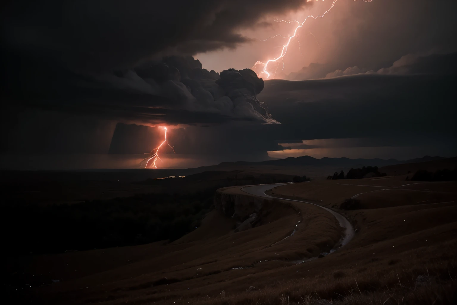 a very dark landscape with many red lightning