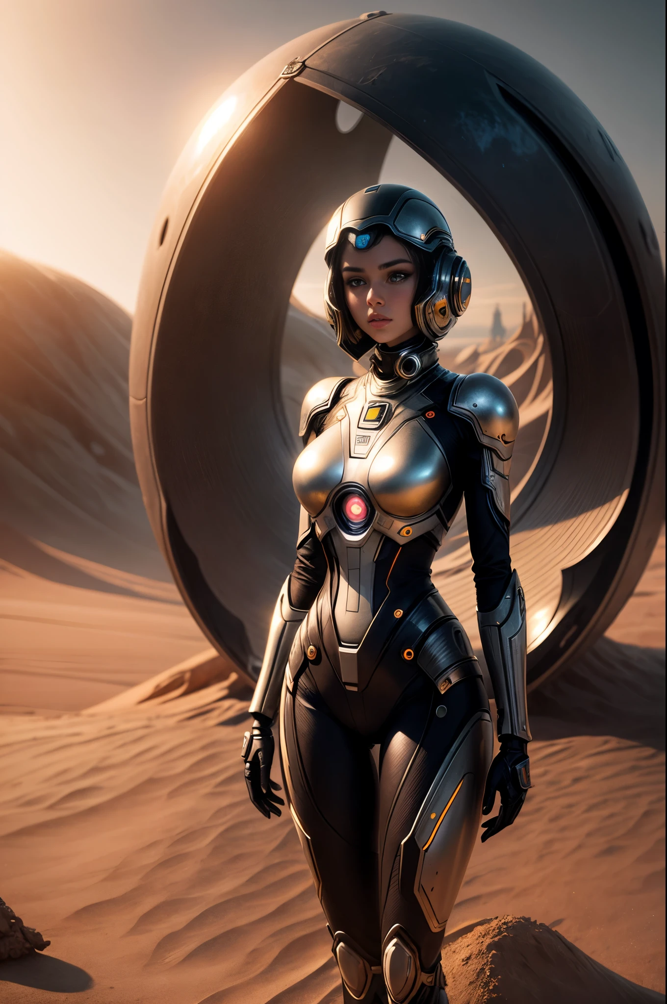 "((Futuristic)) girl with a glass ball, standing amidst robot dunes, (dawn) lighting, (metallic textures), best quality, high resolution, detailed, ((dystopian atmosphere)), (surreal composition)."