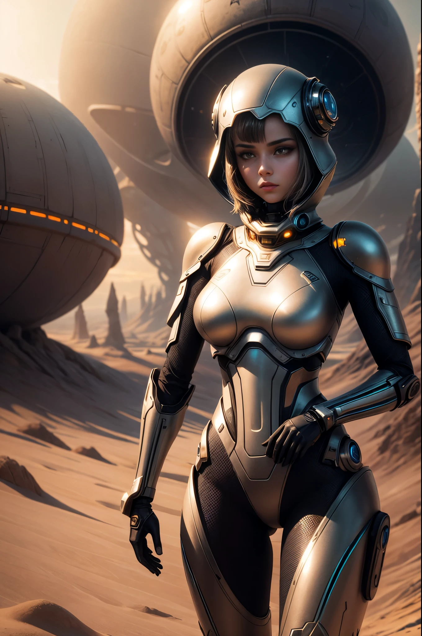 "((Futuristic)) girl with a glass ball, standing amidst robot dunes, (dawn) lighting, (metallic textures), best quality, high resolution, detailed, ((dystopian atmosphere)), (surreal composition)."