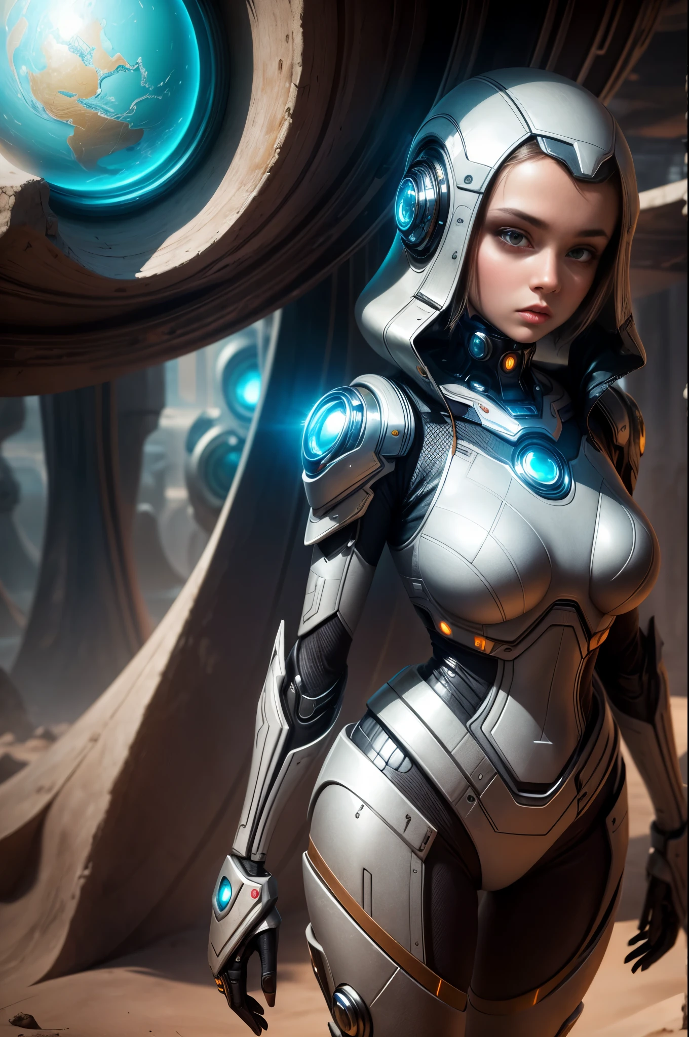 "((Futuristic)) girl with a glass ball, standing amidst robot dunes, (dawn) lighting, (metallic textures), best quality, high resolution, detailed, ((dystopian atmosphere)), (surreal composition)."