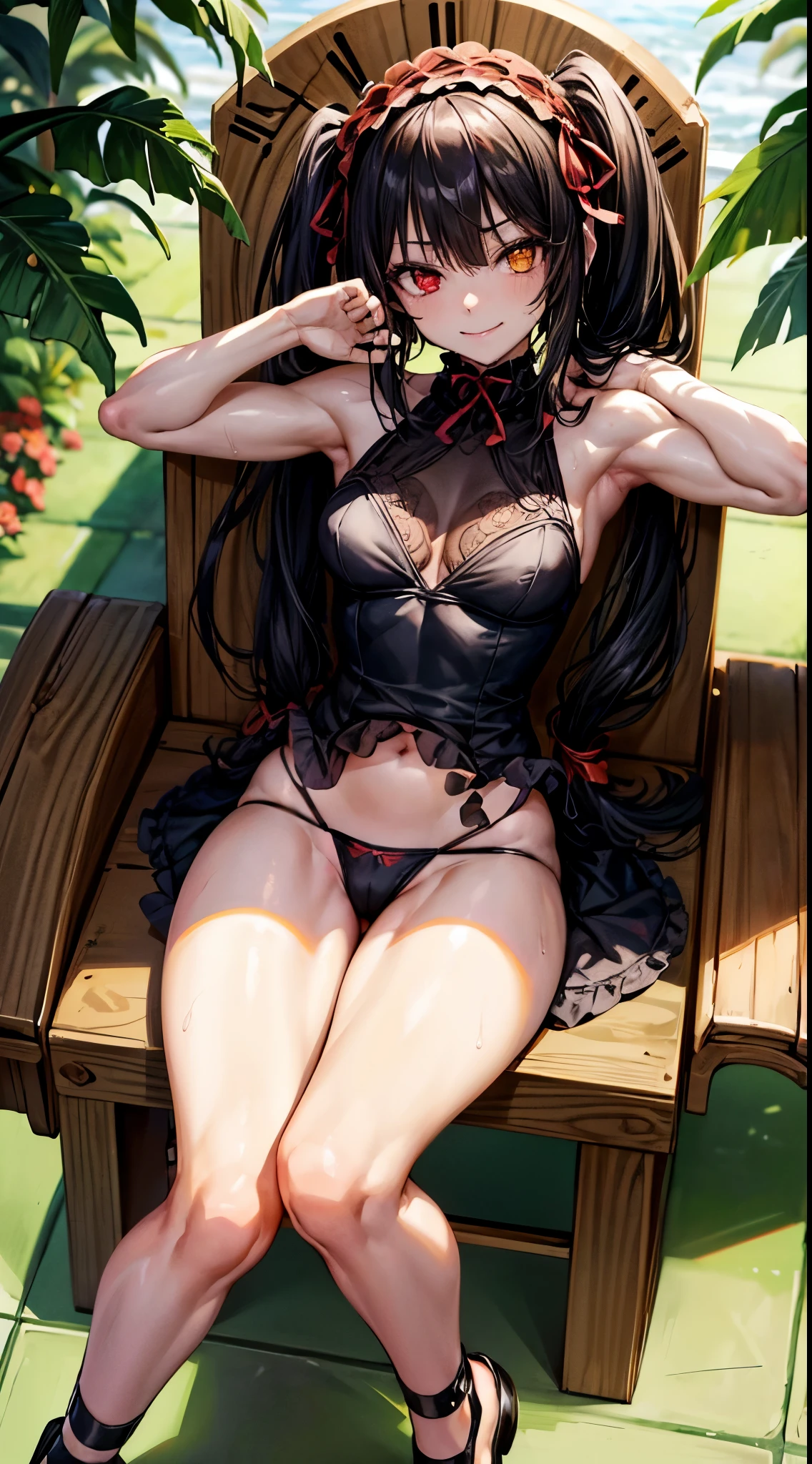 1 girl, bare shoulders, black hair, medium breasts, (muscular legs), (bare legs), white skin, muscular belly, wide hips, thin waist, (((clock eyes))), in the pool with the hot sun , (((sitting on the chair with her legs open showing her panties))), full body, hair band, (((all wet))), heterochromia, black high heel shoes, lolita hair band, long hair, red eyes, mischievous smile, (sly look), only, symbol-shaped pupils, (Kurumi tokisaki), (twintails), yellow eyes