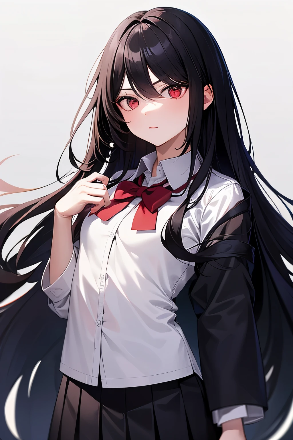 masterpiece, best quality, expressive eyes, perfect face, black hair, very long hair, floating hair, hair between eyes, darkred eyes, ((baggy eyes)), small breasts, school uniform, upper body, {cold and serious personality},