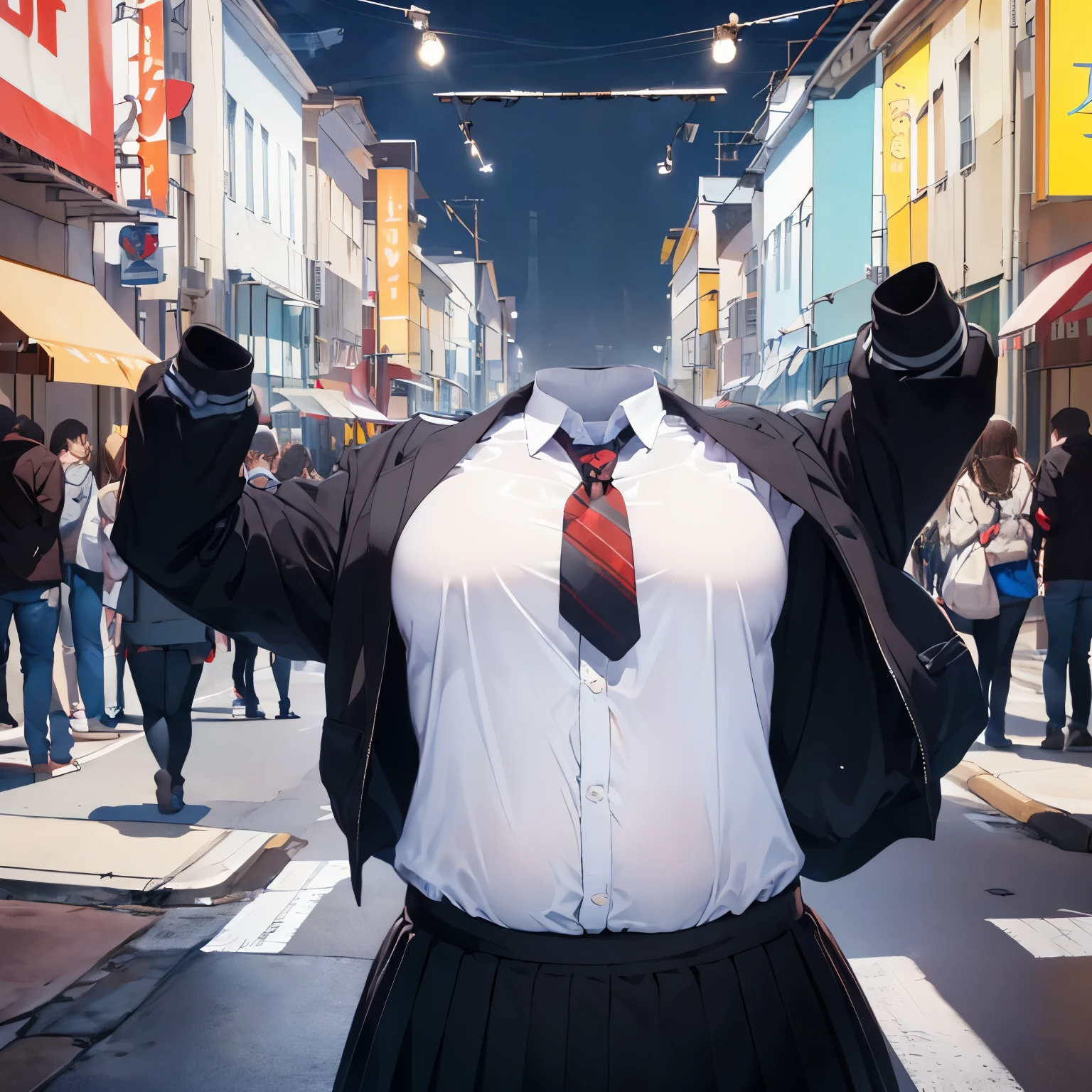 absurdres, highres, ultra detailed, school uniform, stripe tie, plaid skirt, cute big breasts, (invisible, no human, headless, handless:1.5), chubby, fat, from below, cute pose, sailor suit