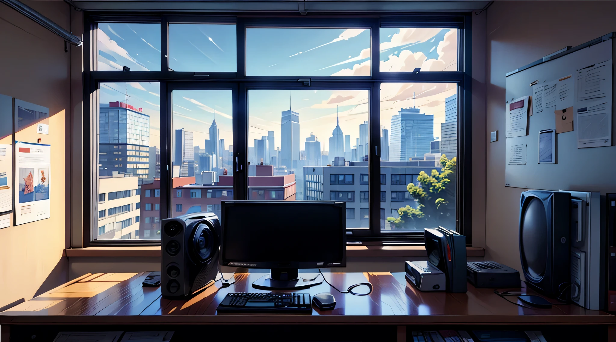 make an office with a window in the background and a table with a computer