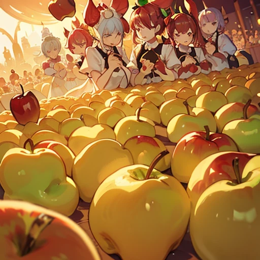 A pastry chef covered in apple parfait serving a large apple、Amazing dynamism、Amazing Angle、An apple sandstorm with unstable buoyancy scattering、((Many friendly large apples float closely together and chase each other.))、((surround each other'big apple))