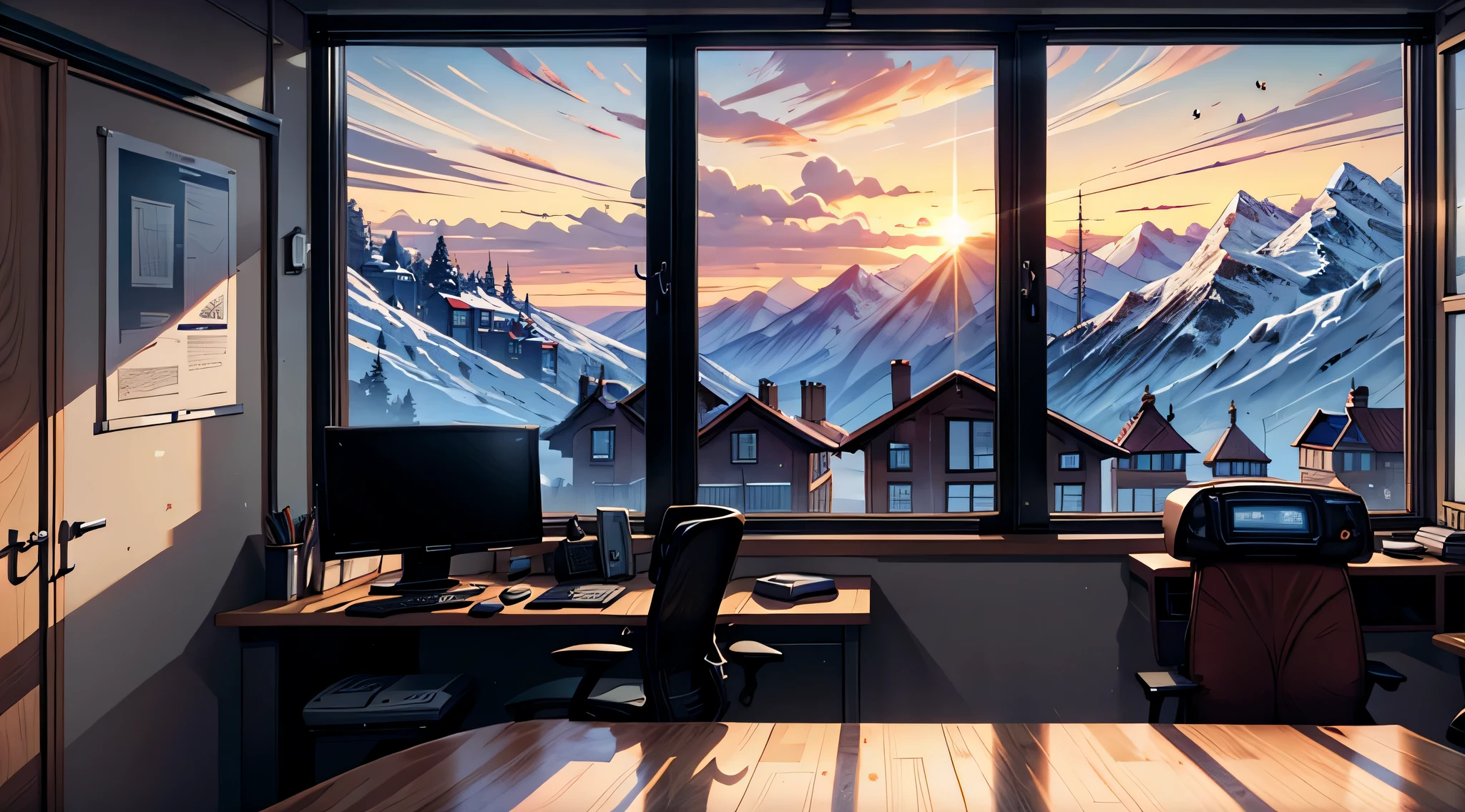 make an office with a window in the background and a table with a computer