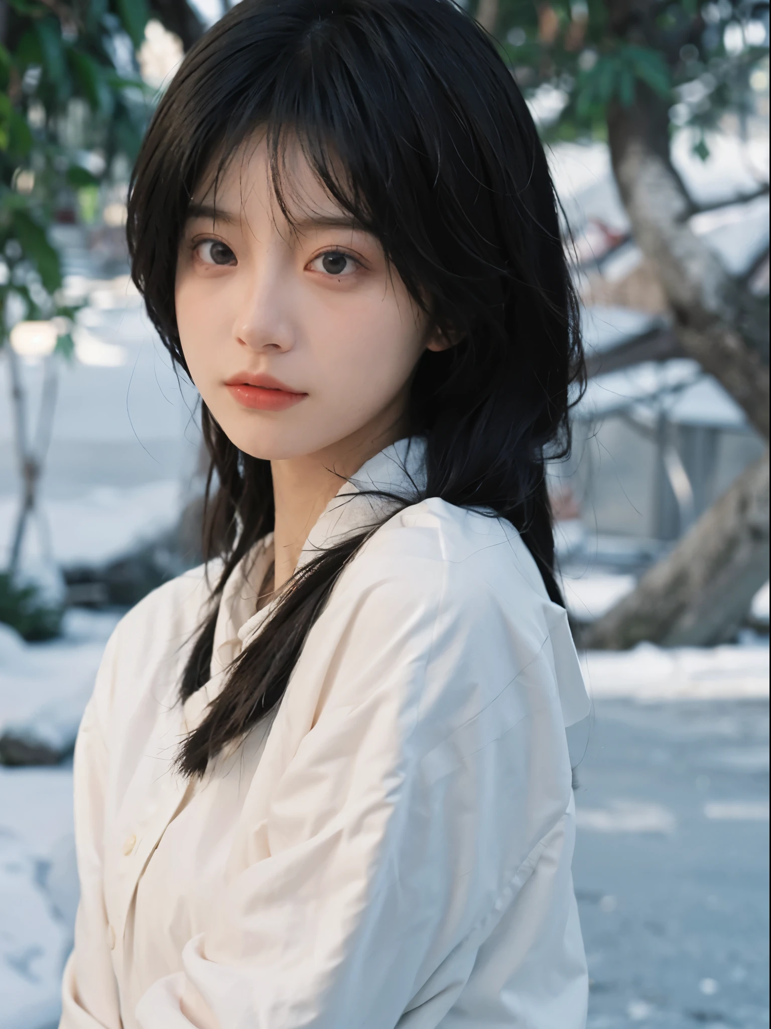 Best quality, 超高分辨率, white backgrounid,(realistically:1.4), girl, A pair of eyes as clear as snow,Imperial sister,Black long straight, looking at viewert, close up ,