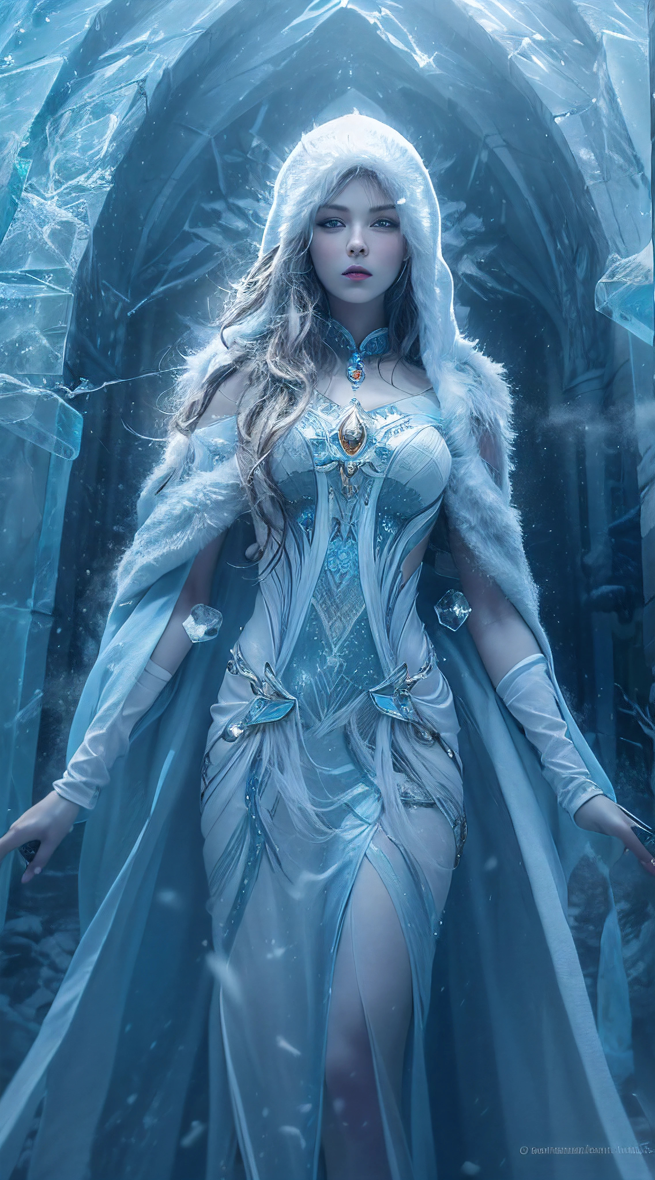 beautiful goddess, witch, Pure elemental spirit, Intricate design and details, Chilling, Cold, Blizzard storm, whole body on Chilling mist, Summon Spell, cast spell, Realistffects, pellets, dark fantasy art style, city ruins, dramatic lights, Cinematic