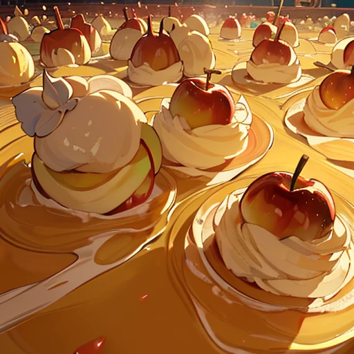 Kindergarteners covered in apple parfait serving large apples、Amazing dynamism、Amazing Angle、An apple sandstorm with unstable buoyancy scattering、((Many friendly large apples float closely together and chase each other.))、((surround each other&#39;big apple))