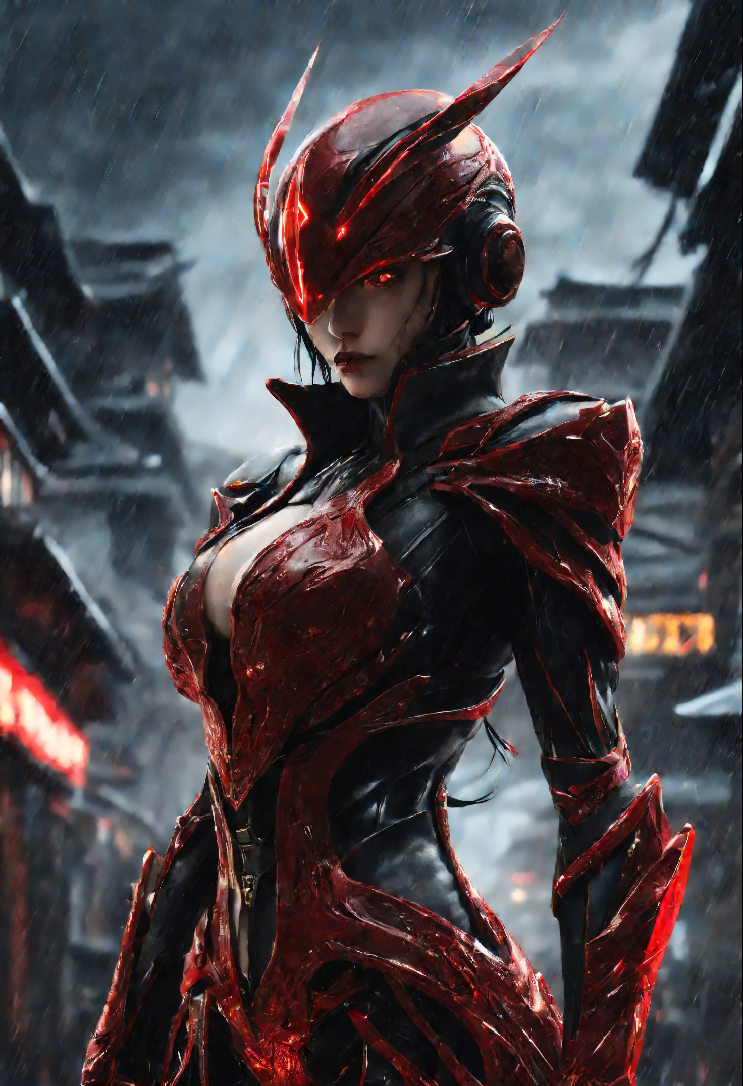 1 japanese girl, WARFRAME, intricate pattern, heavy metal, energy lines, faceless, glowing eyes, elegant, intense, blood red and black uniform, solo, modern, city, streets, dark clouds, thunderstorm, heavy rain,, dramatic lighting,, (masterpiece:1.2), best quality, high resolution, beautiful detailed, extremely detailed, perfect lighting,