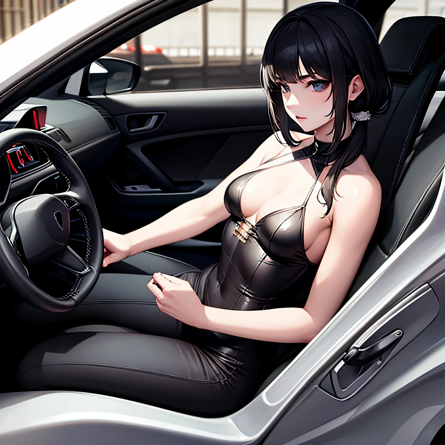 Driving, Driver seat, Lamborghini, Petite, muscular, small breasts, fully clothed, girl, very white skin, clear skin