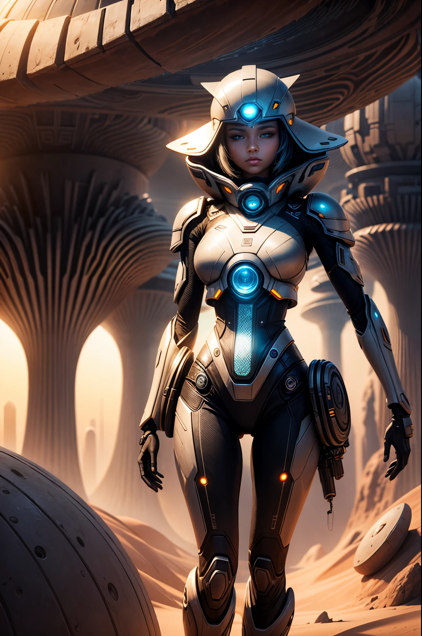 "((Futuristic)) girl with a glass ball, standing amidst robot dunes, (dawn) lightinetallic textureest quality, high resolution, detailed, ((dystopian atmosphere)), (surreal composition)."