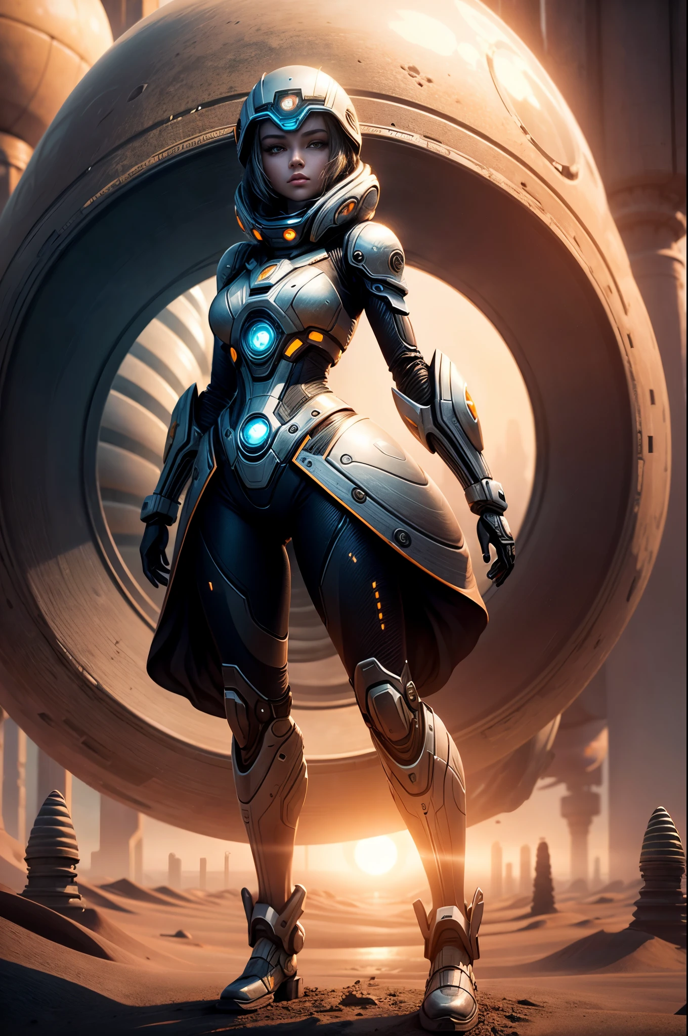 "((Futuristic)) girl with a glass ball, standing amidst robot dunes, (dawn) lightinetallic textureest quality, high resolution, detailed, ((dystopian atmosphere)), (surreal composition)."