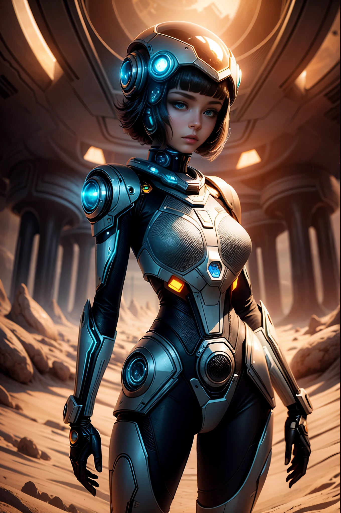 "((Futuristic)) girl with a glass ball, standing amidst robot dunes, (dawn) lightinetallic textureest quality, high resolution, detailed, ((dystopian atmosphere)), (surreal composition)."