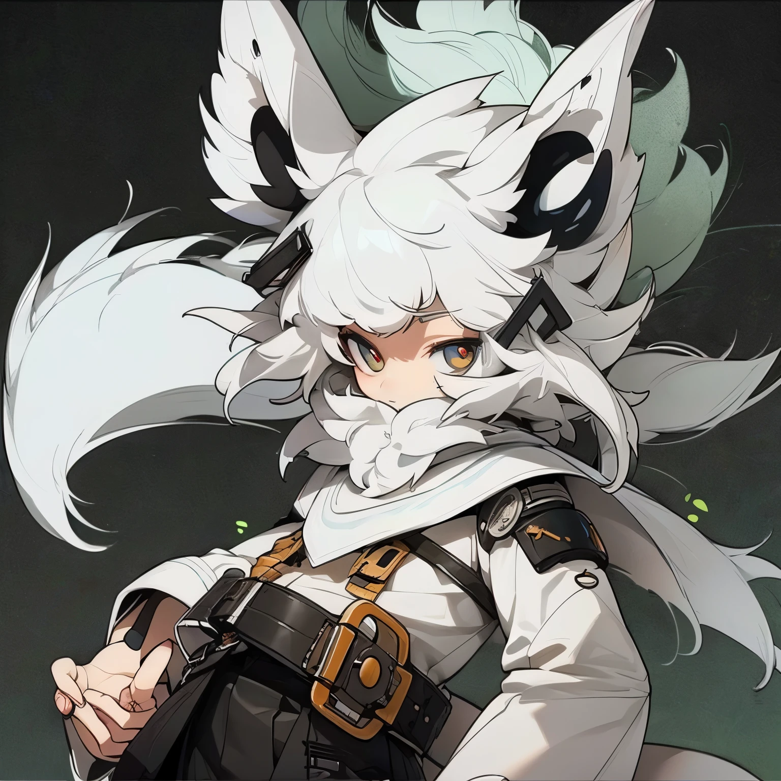 a white wolf,The top of the head is gray,Blue pupils,Wear a tactical vest,There is an automatic belt hanging around the waist,Ears pointed and set back
