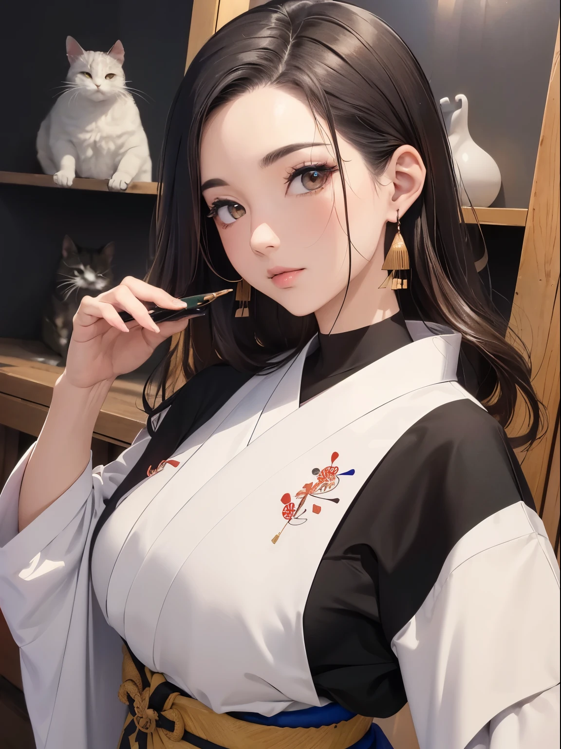 ((8k,obra maestra、highest qualityr))、((Pintura tradicional japonesa a tinta:1.4)),Lotos,((quimono:1.3)),dress conservatively ,Hombro hacia fuera、escote de la mama、solo、Un cabello oscuro、((oreja de gato negro)),Negro、Mirando a Viewert