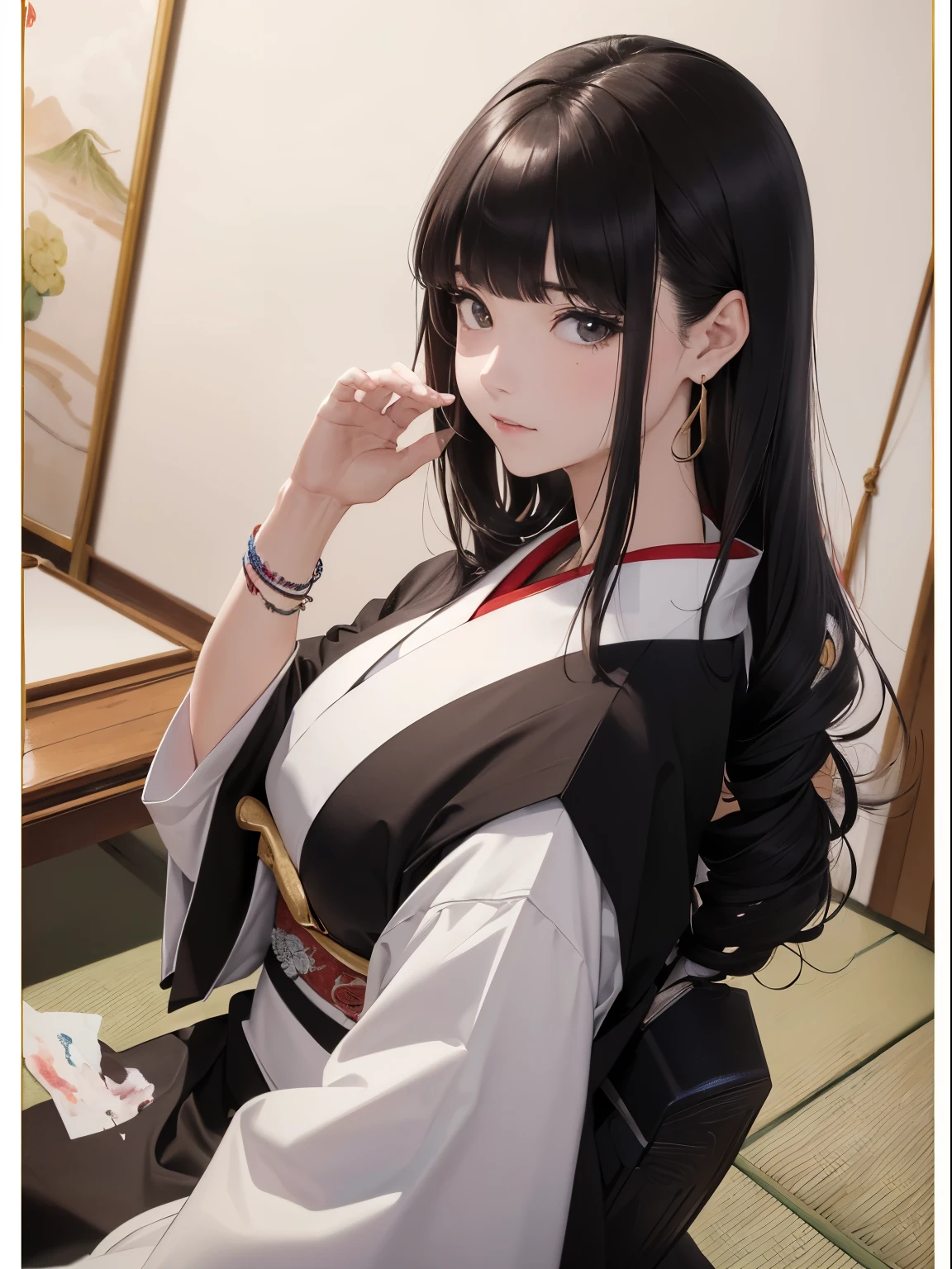 ((8k,obra maestra、highest qualityr))、((Pintura tradicional japonesa a tinta:1.4)),Lotos,((quimono:1.3)),dress conservatively ,Hombro hacia fuera、escote de la mama、solo、Un cabello oscuro、((oreja de gato ?????)),?????、Mirando a Viewert