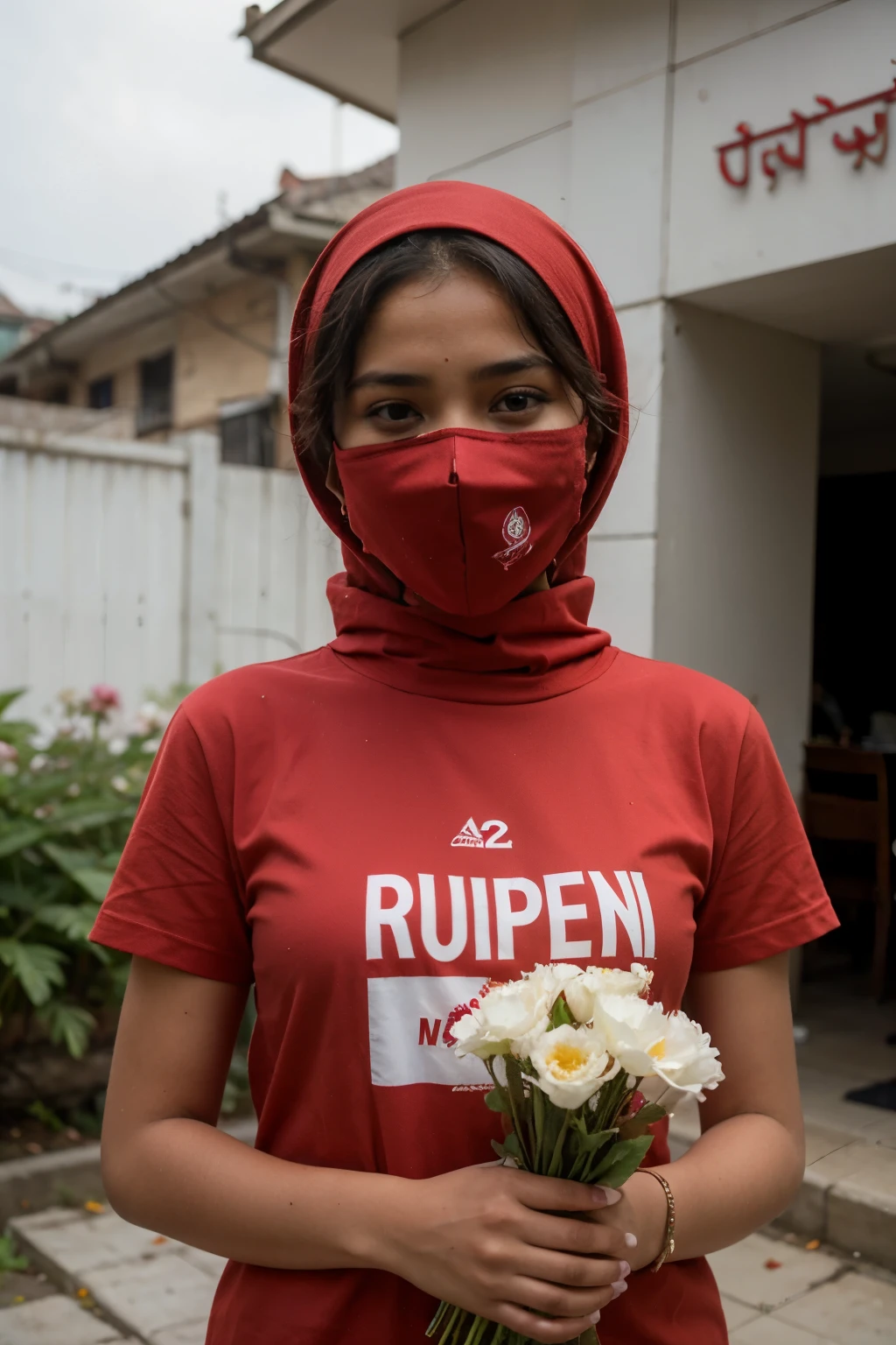 A 20-year-old Bangladeshi girl with a mask on her face and a red hijab on her head, holding a red T-shirt with flowers in her hands.