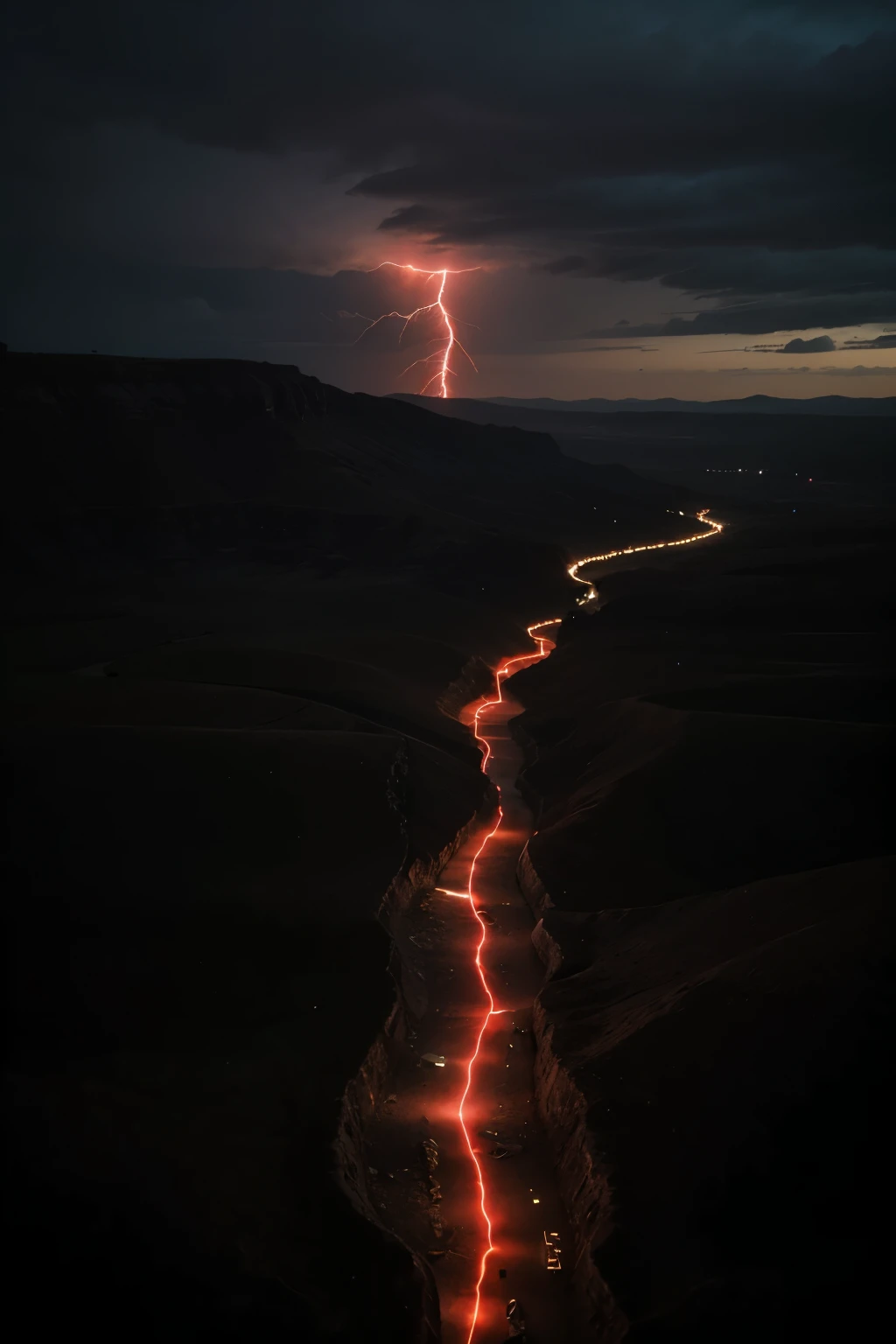 a very dark landscape with many red lightning