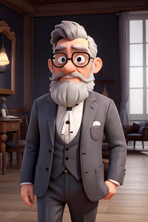 vieux monsieur avec barbe et cheveux gris avec un monocle assis dans un fauteuil de luxe en portant un costume noir sans cravate avec une chemise blanche en dessous, within its main fripées it contains a free bordeaux rouge title " comment faire de l'argent en 2024"