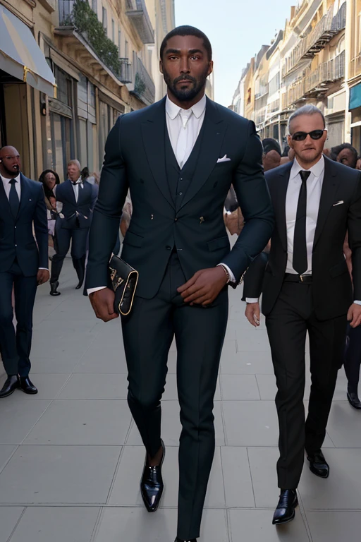 Un homme noir africain de 36 ans, barbu, très beau, yeux bleus, musclé, cinq doigts, chaussette blanche, Collants ultra-fins (Yeux détaillés:1.3), plein corps Esbienne,Personnage debout de face asymétrique, les bras levés, belle pose, bel homme, joli visage, Pose élégante, négociant, (dans un blazer rayé), (L’environnement environnant est une rue de Los Angeles) (Imagerie Sandtone) Sosie du visage de Denzel waschington, Sosie du visage de idriss Elba, ultra réaliste, homme riche et classe, Esthétique de la jet set new yorkaise, Sosie de mickael.B.Jordan, Costume chic, Rolex, Voiture classique en arrière-plan, Recherche de redevances, portant le costume Ralph Lauren