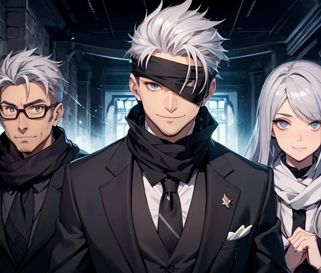 Male, middle-age, teacher, ((eye bandages)), scarf, spiky upward silver hair, black suit, smiling, medieval background. (((Have the bandage cover both eyes))) (single character)