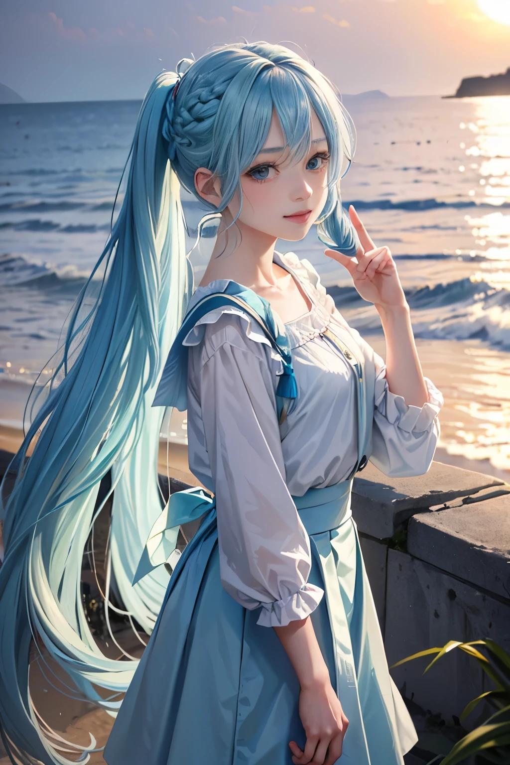 (Facial Focus), (1 girl, Female, Woman, Solo, pale skin, Casual Fashion, kawaii), (Long hair, Single braided hair, Light blue hair, Cute face, lightsmile), (By the sea), Milky way, Sunset、miku hatsune、long twintail、Pale light blue blouse、Light blue skirt