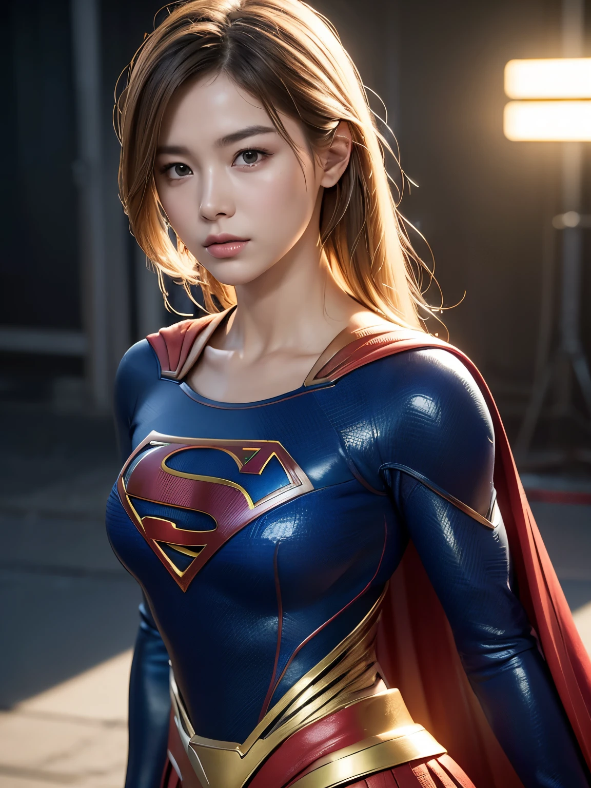 1girl in, Beautiful girl of half Thai-Japanese descent,Blonde Hair,(Supergirl suit), Superman logo, dark hair, Slim body,big nipple,FULL SHOT, standing pose, looking at the audience,(Morning glow), foggy,detailed background,real light、drawing、master-piece、reallistic、Realism、photorealisim、high contrast、Trending photorealistic art station, 8k HD high-res digital art and detailed realistic, detaild, skin texture, special detaild, hyper-realistic texture, armature, top-quality, 超high-res, (real light:1.4),, high-res, detaild, raw picture, sharp re, Nikon D850 film stock photo by Lee Jefferies 4 Kodak Portra 400 F1 camera.6 color lenses, brightly colored, hyper-realistic texture. Incredible lighting, Unreal engine, Trends of artstation synestil 800,