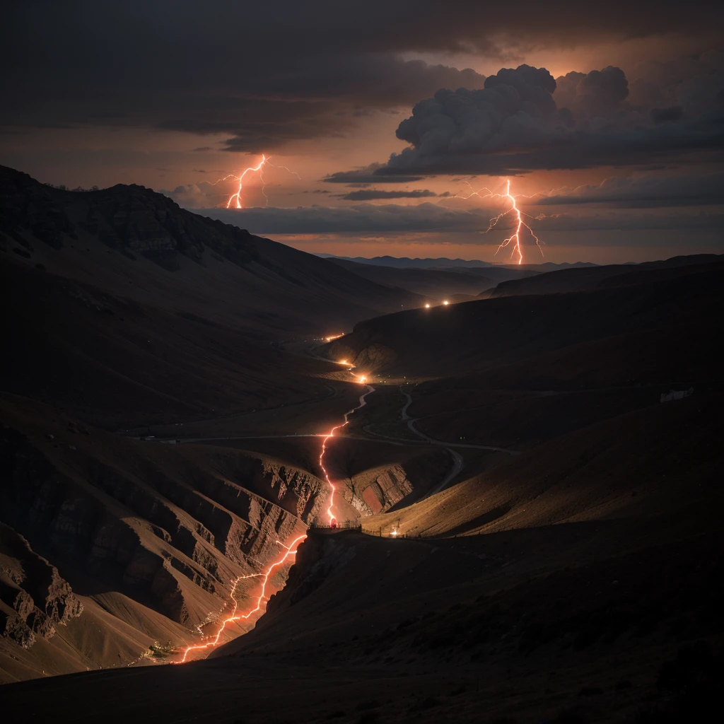 a very dark landscape with many red lightning