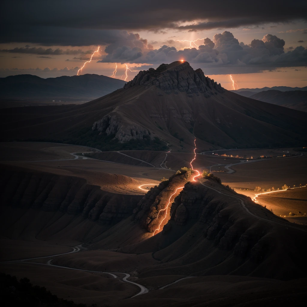 a very dark landscape with many red lightning